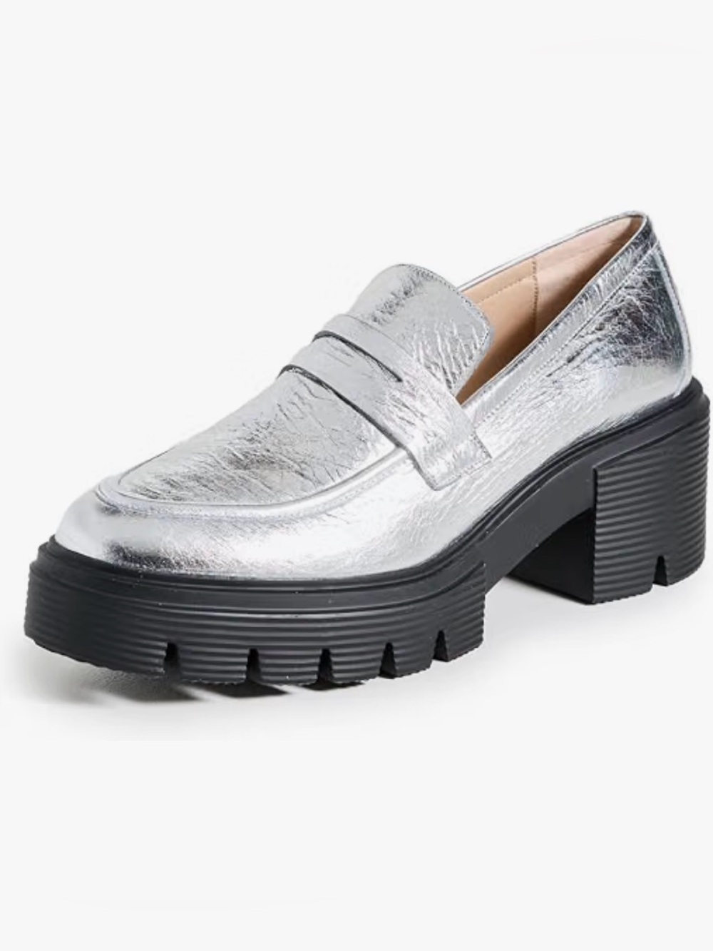 Stuart Weitzman Silver Leather Slip On Loafer Flats Womens US 8 Almond Top